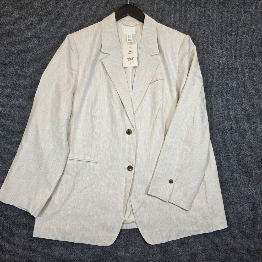 H&M Blazer Womens XL Light Gray Linen Blend Preppy Casual Resort Vacay NWT